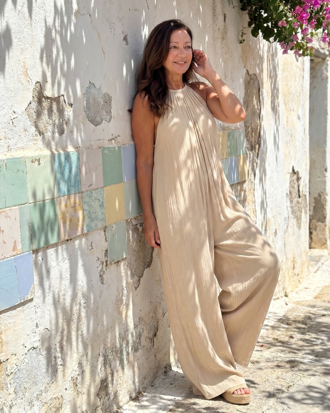 Sylvara Pleated Halter Neck Wide Leg Relaxed Jumpsuit - Elena Harper