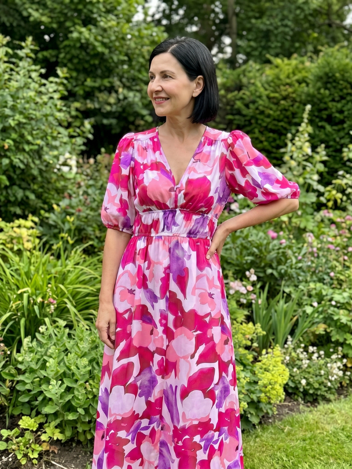 Candlia Puff Sleeve V Neck Abstract Print Midi Dress - Elena Harper