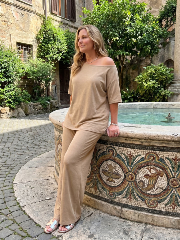 Elarim Short Sleeve Off Shoulder Top And Wide Leg Pants Set - Elena Harper