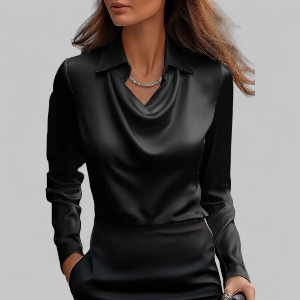 Rose Women’s Draped Neck Long Sleeve Satin Blouses - Elena Harper
