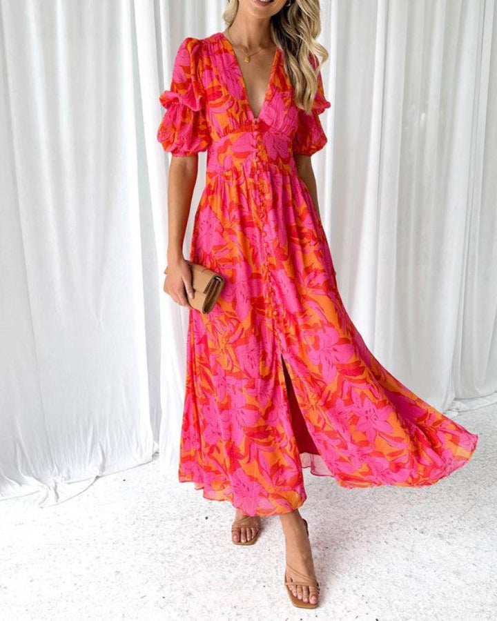 Sierra - Elegant V-neck Puff Sleeve Maxi Dress