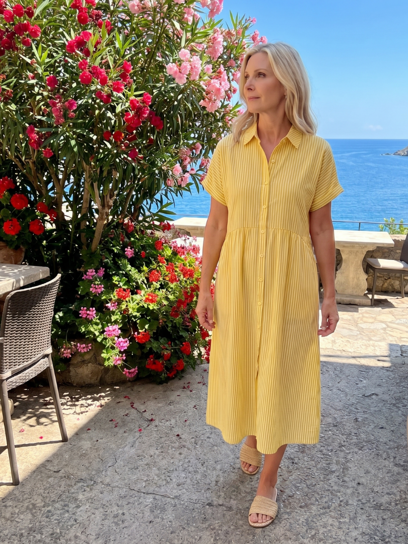 Women's Striped Short Sleeve Button-Front Midi Dress
