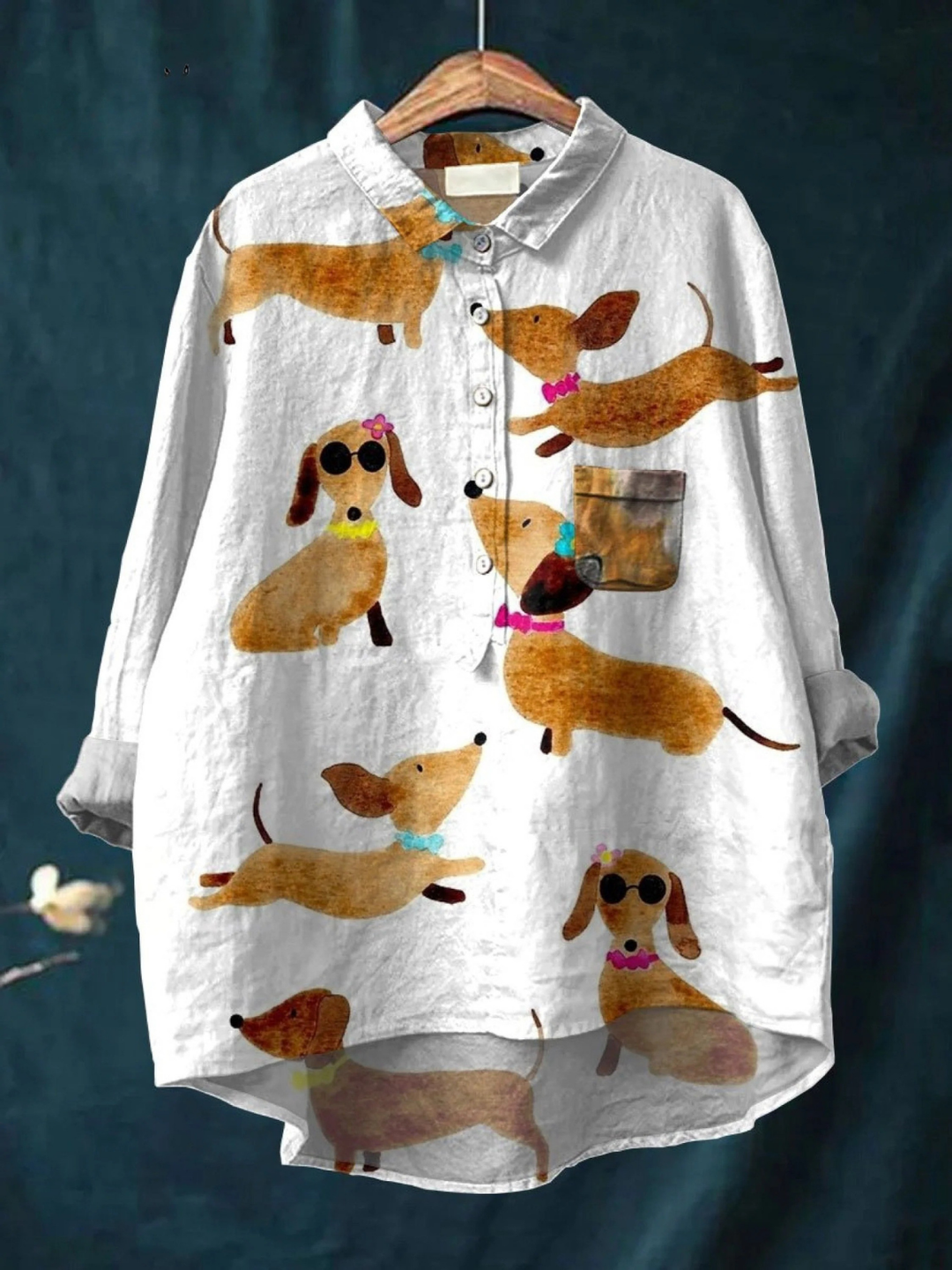Allyson Cute Dog Dachshund Art Print Casual Shirt - Elena Harper