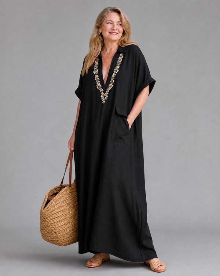 Elakeja Embroidered V Neck Pocket Detail Relaxed Midi Dress - Elena Harper