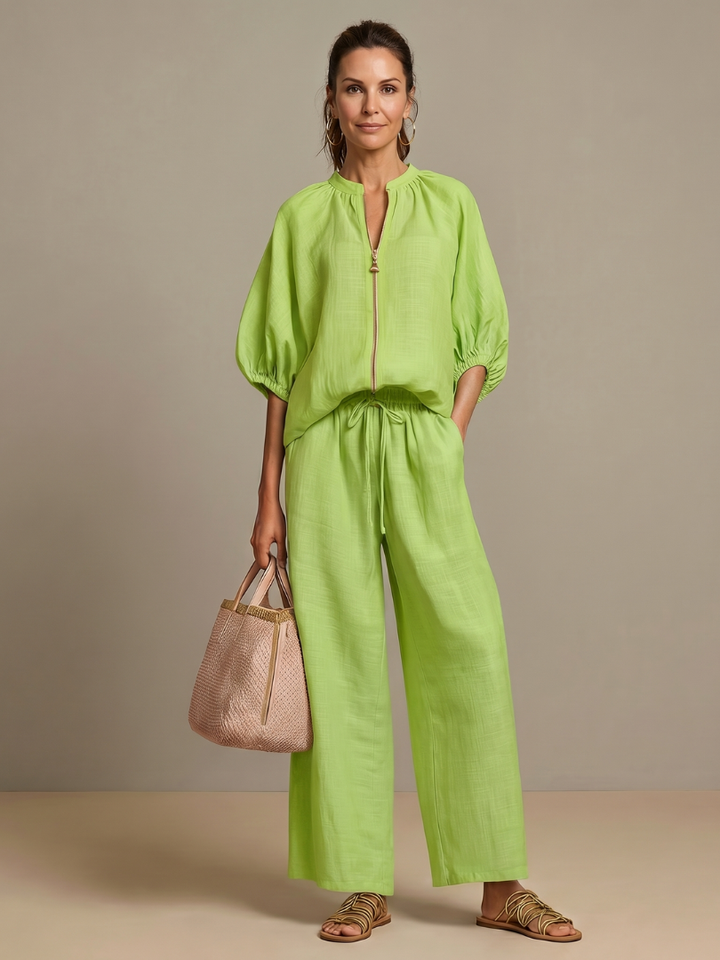 Women's Zip Front Blouson Top & Wide Leg Pants Set