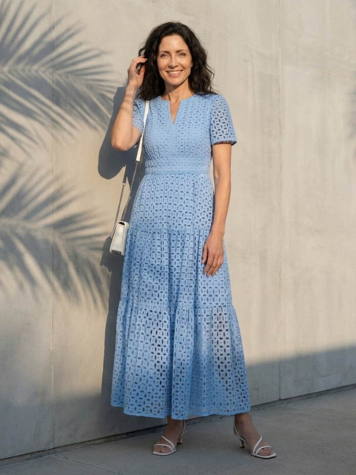 Brielle V Neck Short Sleeve Tiered Midi Dress - Elena Harper