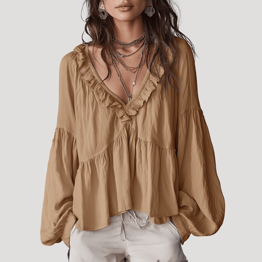 Women's V-Neck Blouse with Ruffles and Long Sleeves