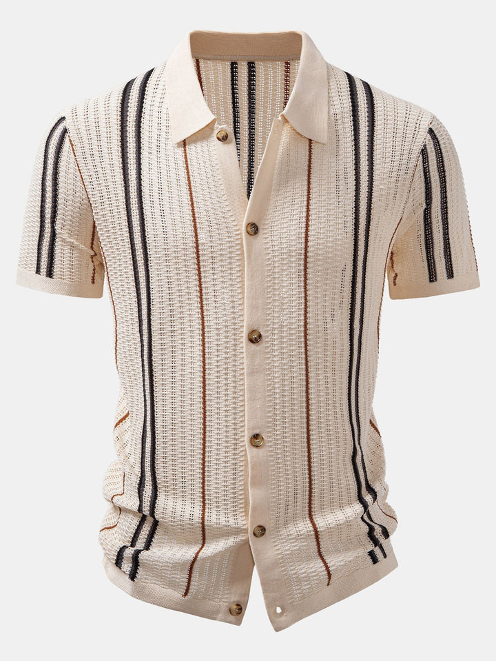 CROCHET STRIPED SHIRT WITH BUTTONS & STRAIGHT LEG LINEN PANTS