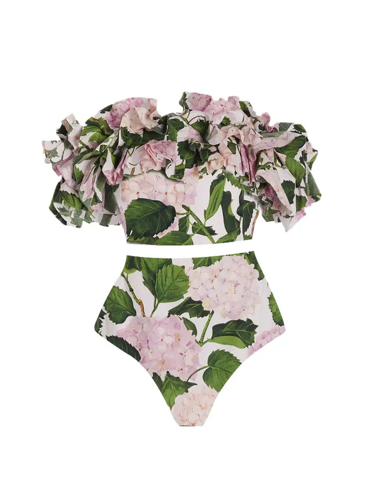 Ruffled Hydrangea Strapless Bikini Set