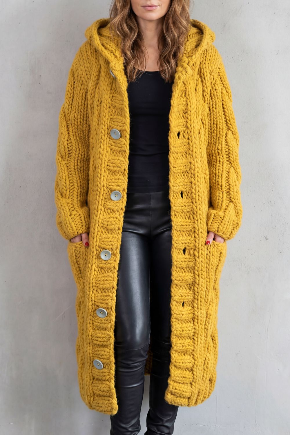Women's Oversized Hooded Cable Knit Cardigan Coat Primrose, view 6 - Elena Harper