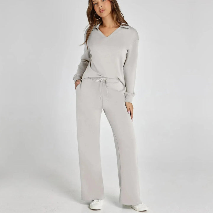 Ladies Loungewear Set with V-Neck Sweater and Wide Comfy Pants