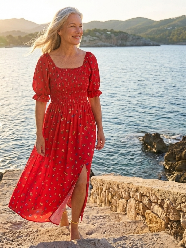Delphine Square Neck Floral Puff Sleeve Midi Dress - Elena Harper