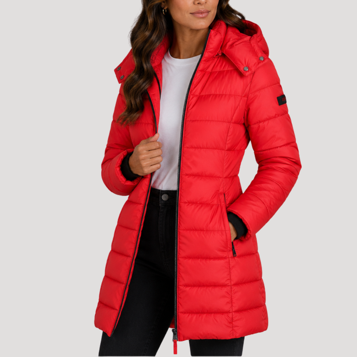 Long Women's Puffer Jacket with Hood and Zipper Closure