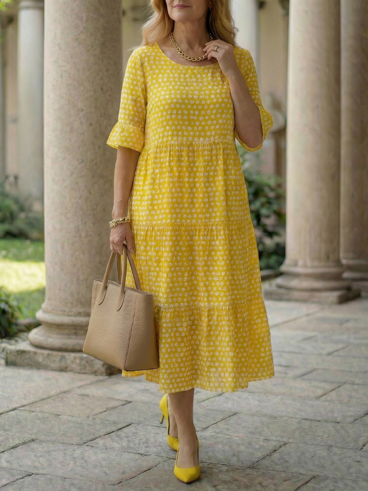 Arlo Polka Dot Tiered Midi Dress Short Sleeve - Elena Harper