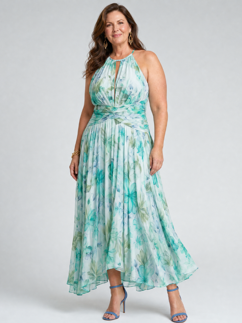 Portia Pleated Halter Soft Floral Pattern Midi Dress - Elena Harper