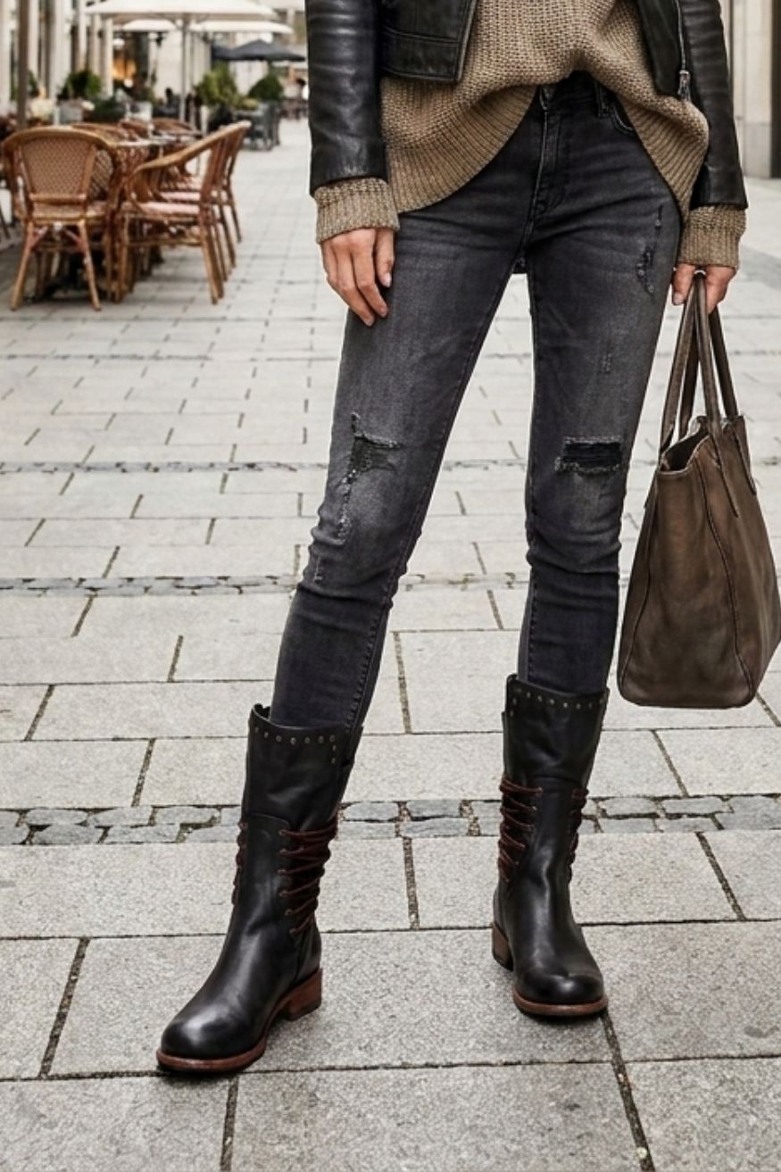 Women's Calf-Height Lace-Up Boots | Round Toe