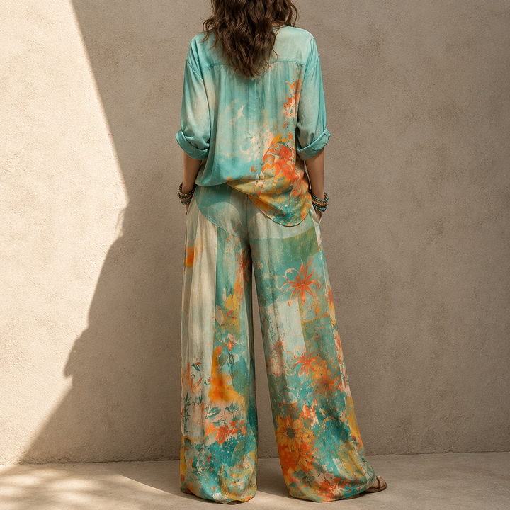 Women's Floral Print Outfit with Wide-Leg Pants - Chic and Refined