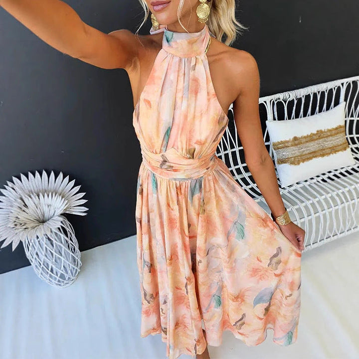 Women's Long Vacation Style Sleeveless Dress with Print and Open Back – Polyester Blend