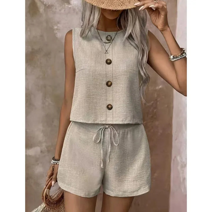 Summer Women's Set with Sleeveless Button Top and Adjustable Shorts