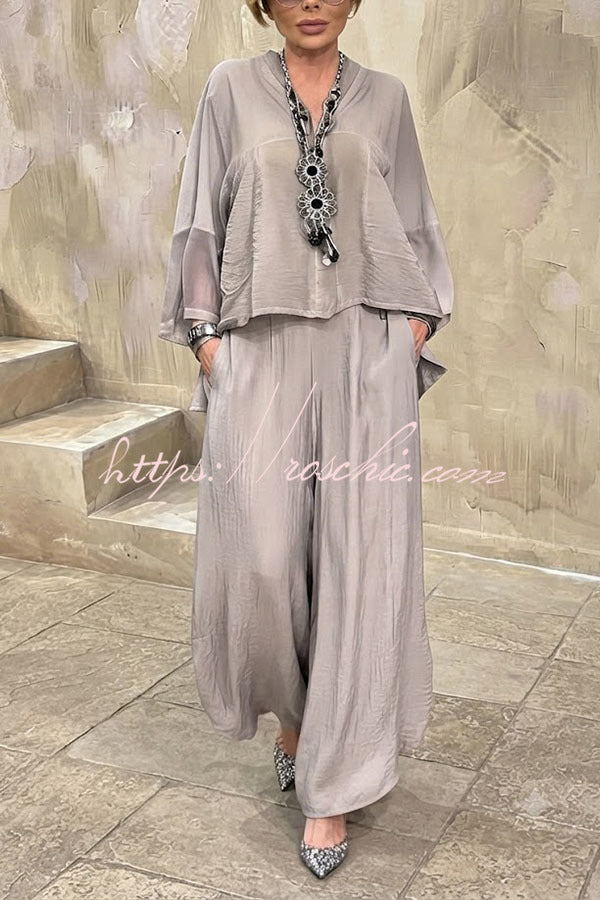 Melissa V-neck Sheer Batwing Sleeve Loose Blouse and Elastic Waist Pocketed Bell Hem Pants Set