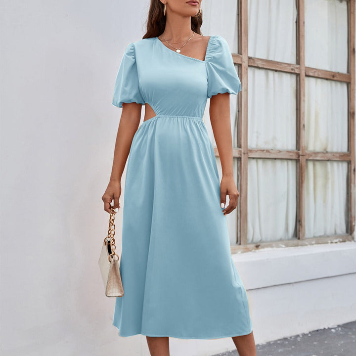 Women's midi dress with asymmetrical neckline in elegant style - Mariela
