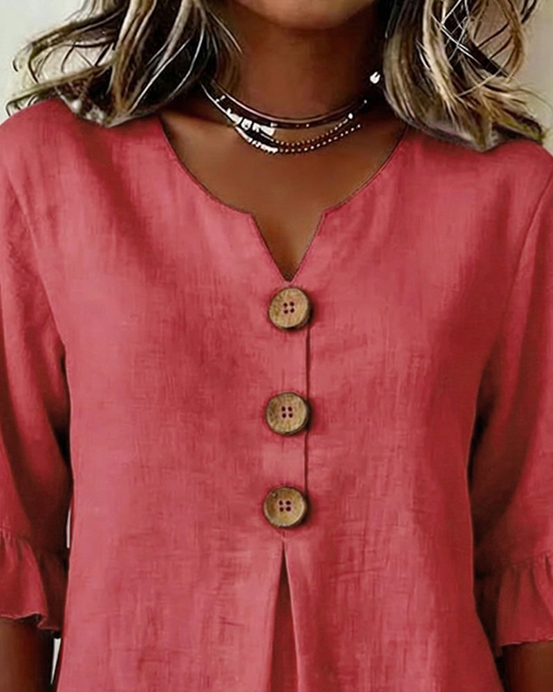 Janet V-Neck Blouse with Wooden Buttons and Ruffled Sleeves - Elena Harper