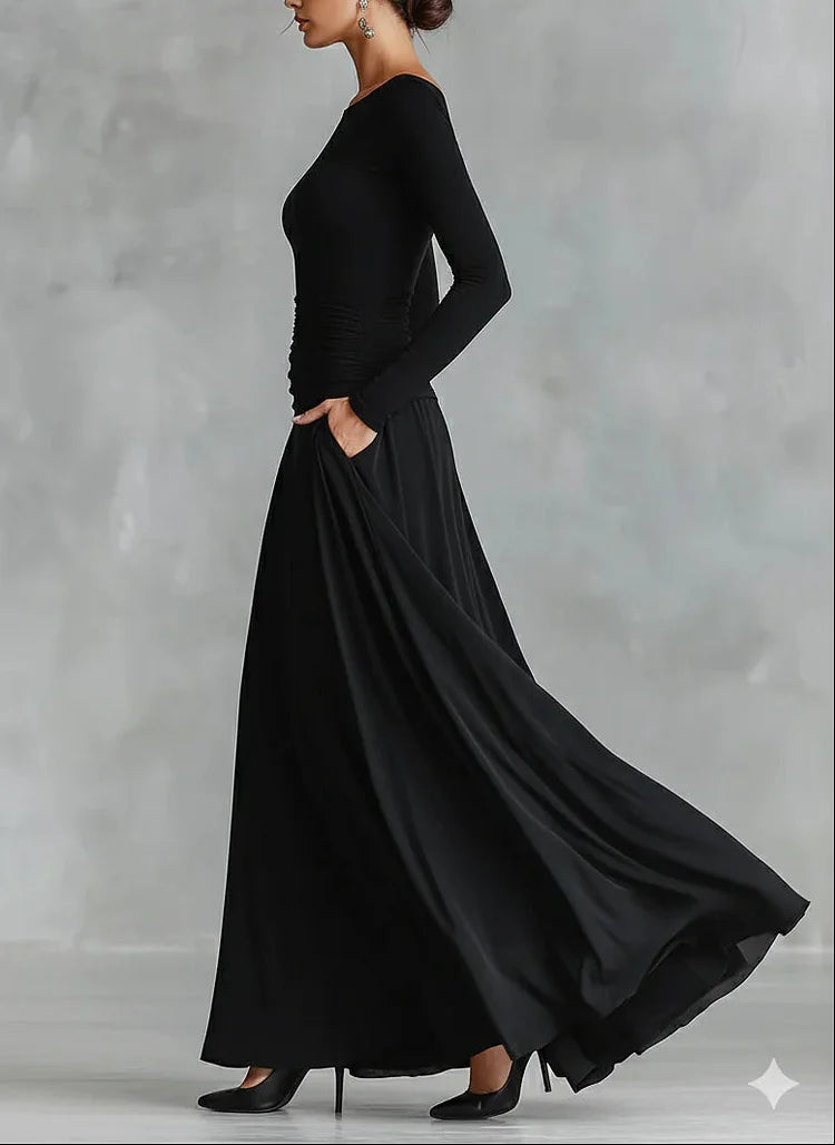 Modern long black crêpe dress with pleated boat neck - Elena Harper