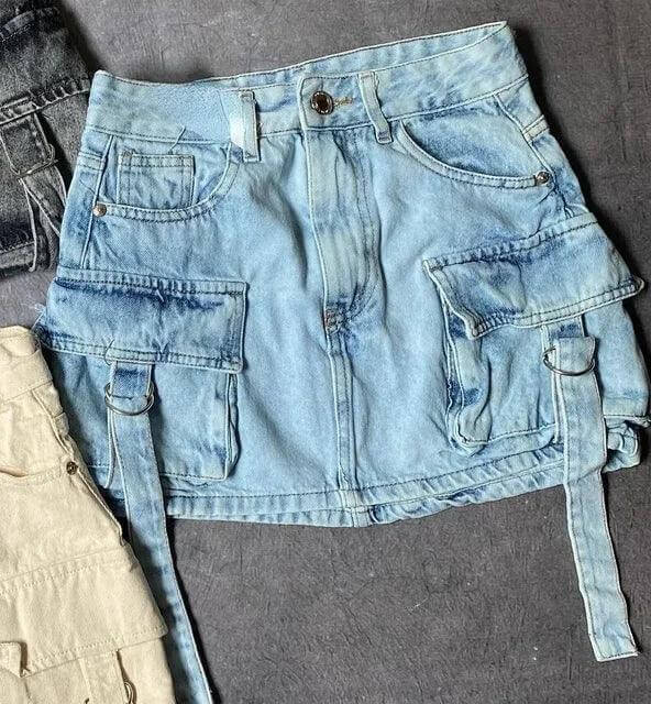 Women's Multi-Pocket Denim A-Line Mini Skirt