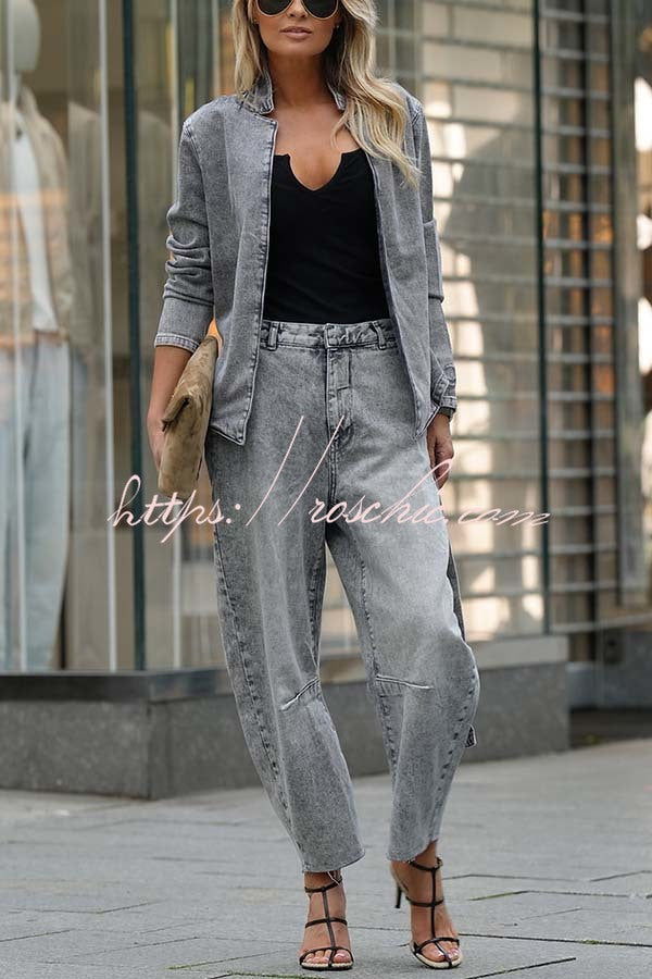 Casual Meetup Washed Denim Mid Rise Pocketed Barrel Jeans, view 4 - Elena Harper