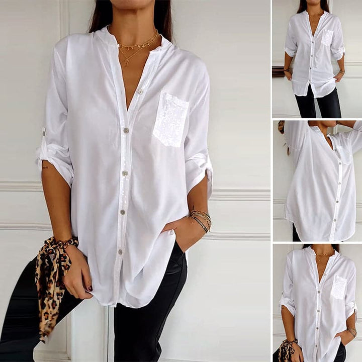 Women's Sequin Trim Button-Up Shirt - Elegant & Versatile