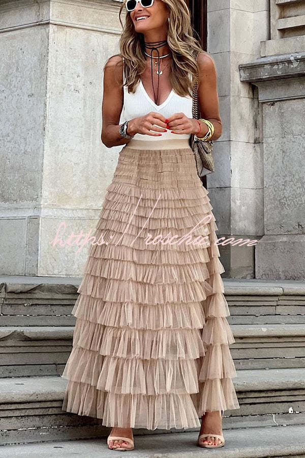 Be Your Own City Queen Tiered Elastic Waist Tulle Maxi Skirt, view 8 - Elena Harper
