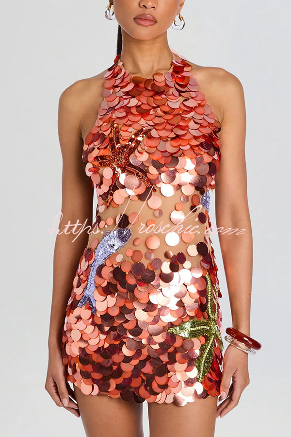 Dorothy Large Sequin Fish and Starfish Embroidery Detail Halter Mini Dress