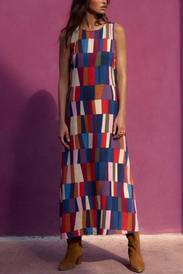 Retro Chic Linen Blend Colorful Color Block High Round Neck Sleeveless Maxi Dress, view 9 - Elena Harper