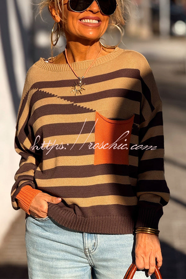Xander Knit Color-block Stripes Wide Neck Long Sleeve Pocket Relaxed Sweater