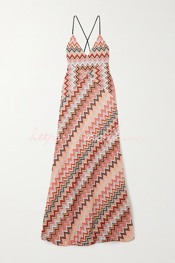 Colorful Zigzag Pattern Elegant Sling Backless Maxi Dress