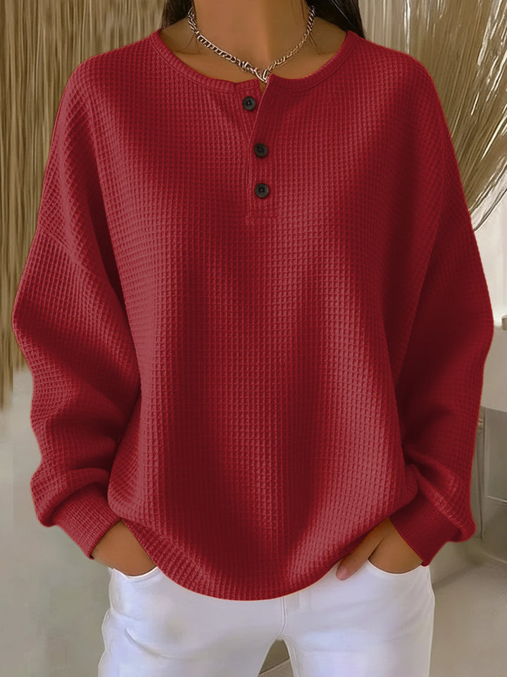 Anne Waffle-Knit Collared Sweatshirt - Elena Harper