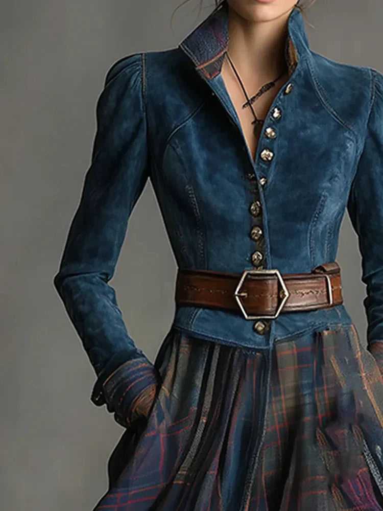 Maxi dress in retro style with blue plaid suede pattern (including belt), view 2 - Elena Harper