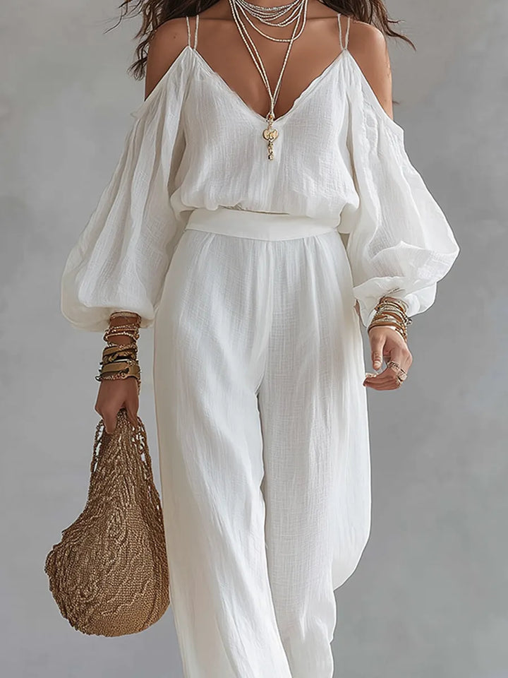 Bohemian Style White Cotton Linen Camisole Top And Wide-leg Pants Set