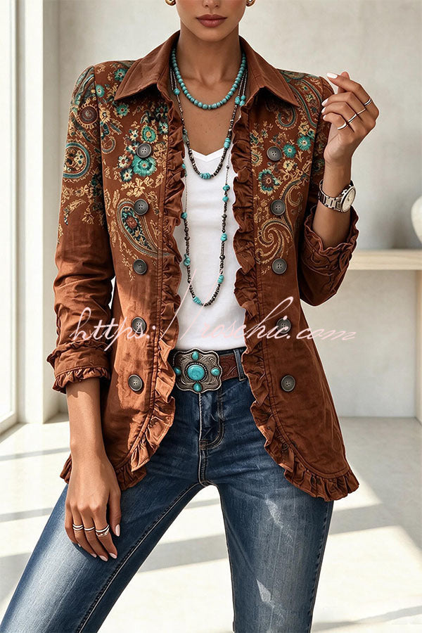 Stylish and Unique Printed Ruffle Trim Button-down Long Sleeve  Jacket
