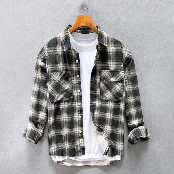 Men's Autumn Plaid Cotton Shirt, Loose Fit and Long Sleeves. - Elena Harper
