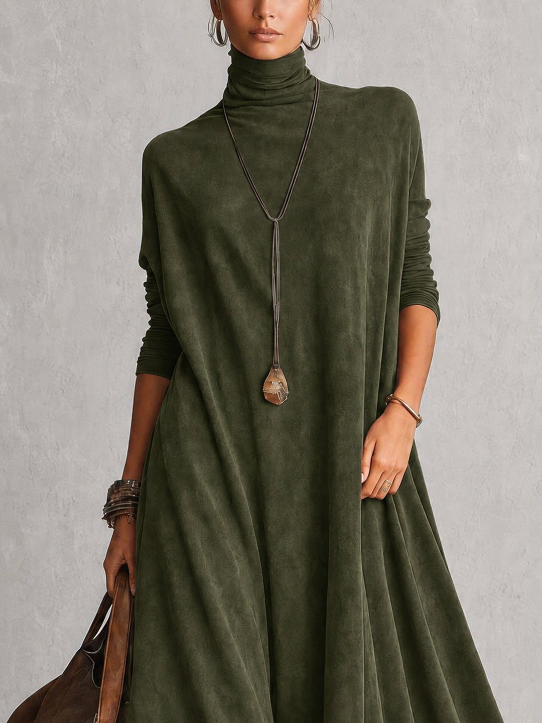 Long women's suede-effect dress with lace