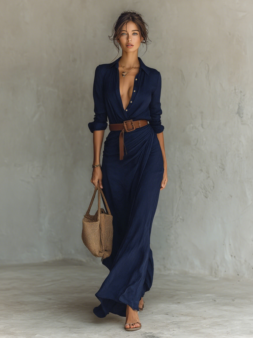 Long Maxi Dress with Notched Collar and Long Sleeves for Women - Elena Harper