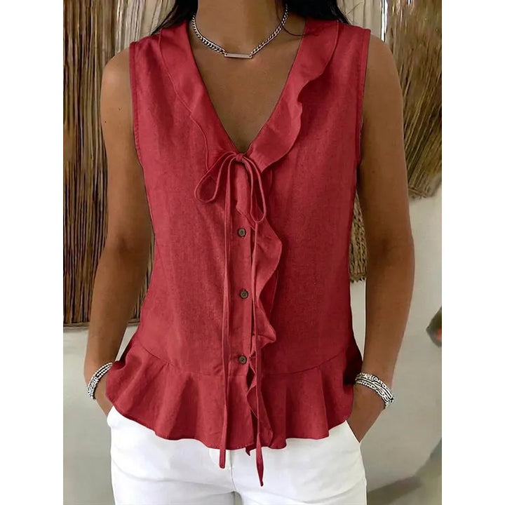 Brigela Airy Cotton Top with Tie and Ruffled Hem, view 5 - Elena Harper