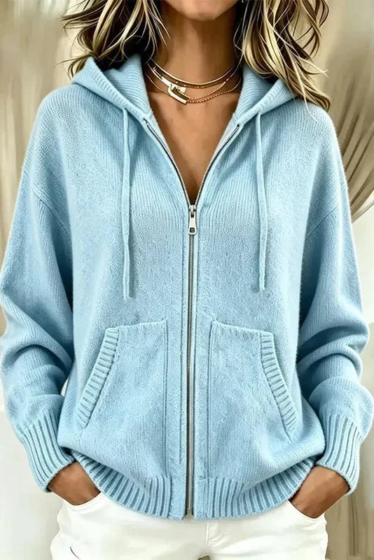 Women's Zip-Up Hooded Cardigan in Soft Knit, view 4 - Elena Harper