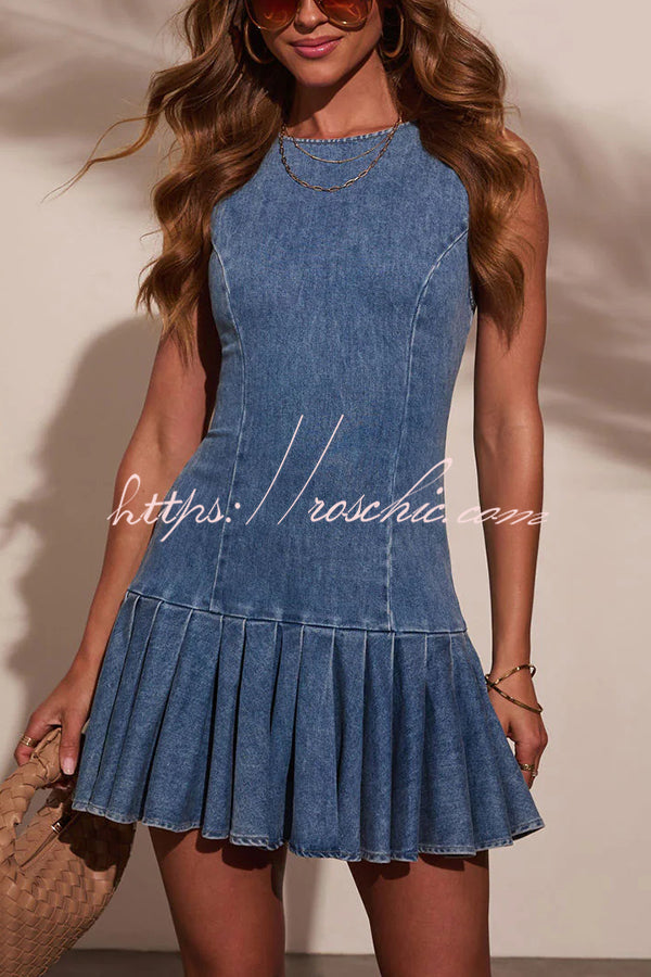 Fashionable Spliced Back Hollow Lace-up Pleated Slim-fit Denim Mini Dress, view 2 - Elena Harper