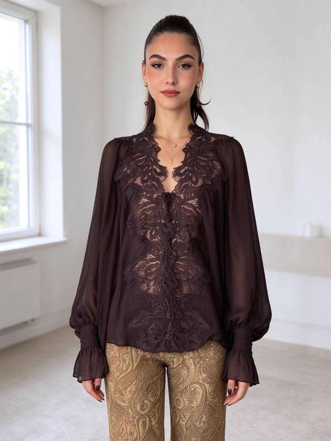 Bow Detail Lace Chiffon Blouse