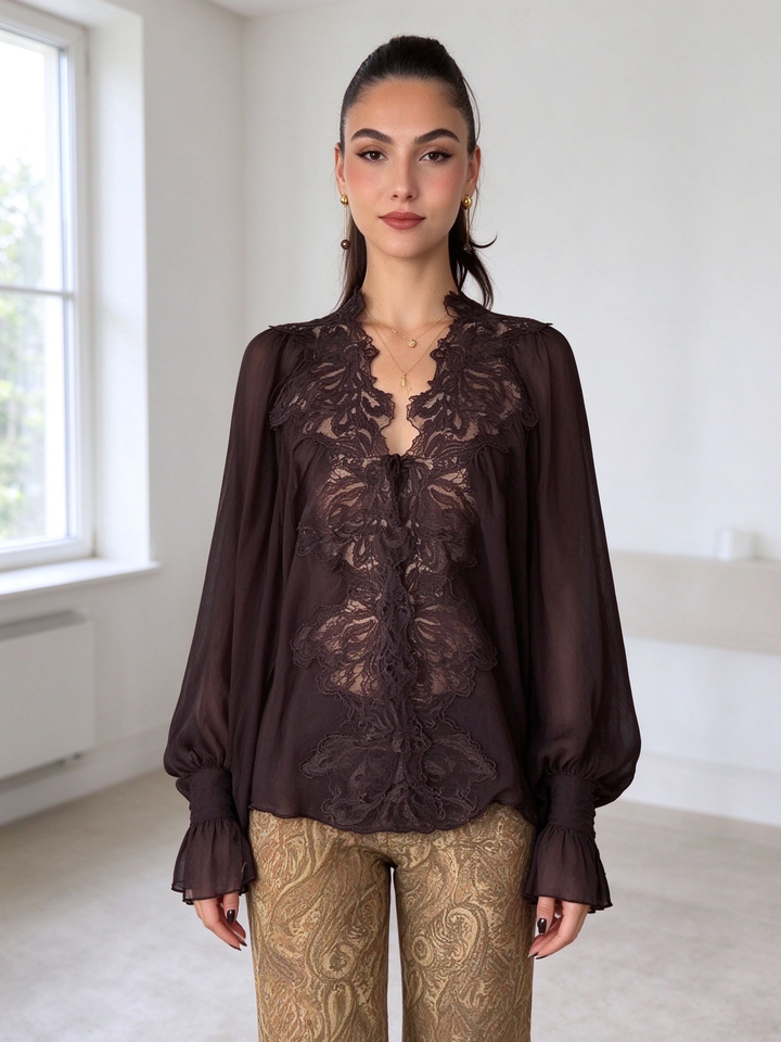 Bow Detail Lace Chiffon Blouse