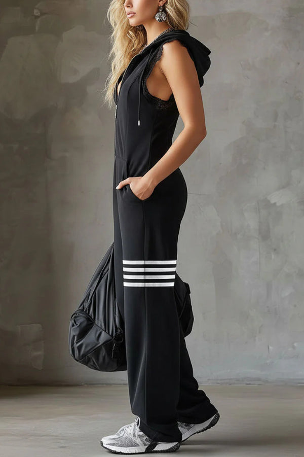 Stylish Hooded Sleeveless Lace Zipper Casual Sports Jumpsuit, view 5 - Elena Harper