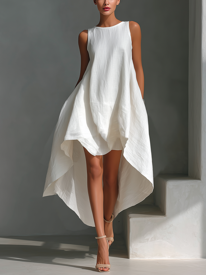 White Linen Sleeveless Midi Dress for Women with Round Neck and Asymmetrical Hem - Elena Harper