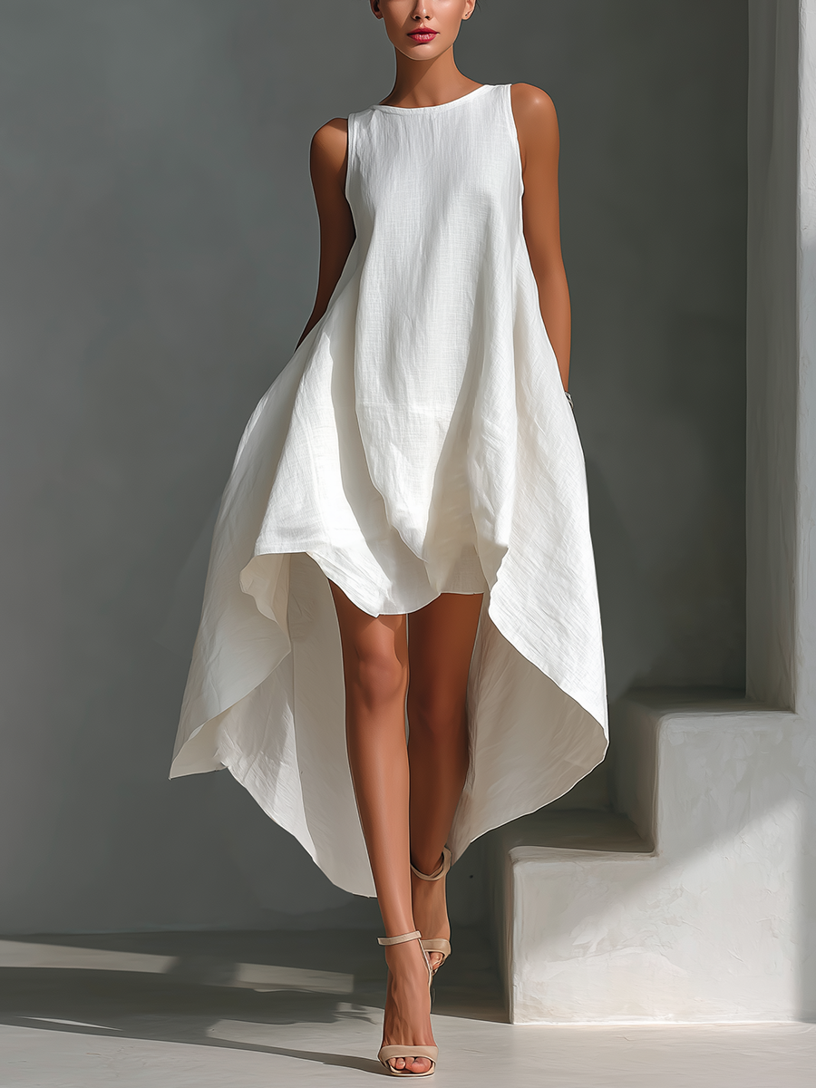 Sleeveless Midi Linen Dress for Women - Flowing and Asymmetrical